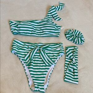 Aerie Green White Striped Bikini Top Matching Set with Headband Scrunchie